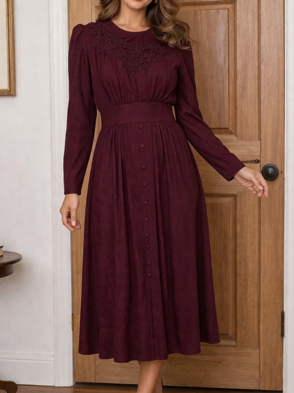 Vintage Karin Stevens Petite 12 Burgundy Midi Dress Lace Yoke Long Sleeve